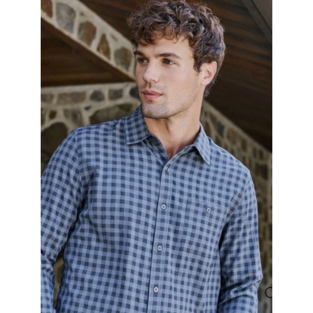 Flag & Anthem Madeflex Performance Shirt Blue Plaid Gingham L Preppy Stretch